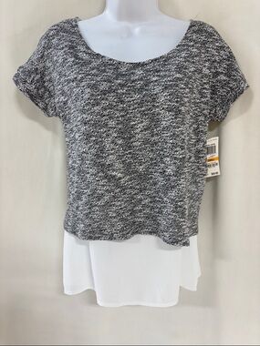 INC International Concepts Gray Knit Short Sleeve Top with White Layered Hem